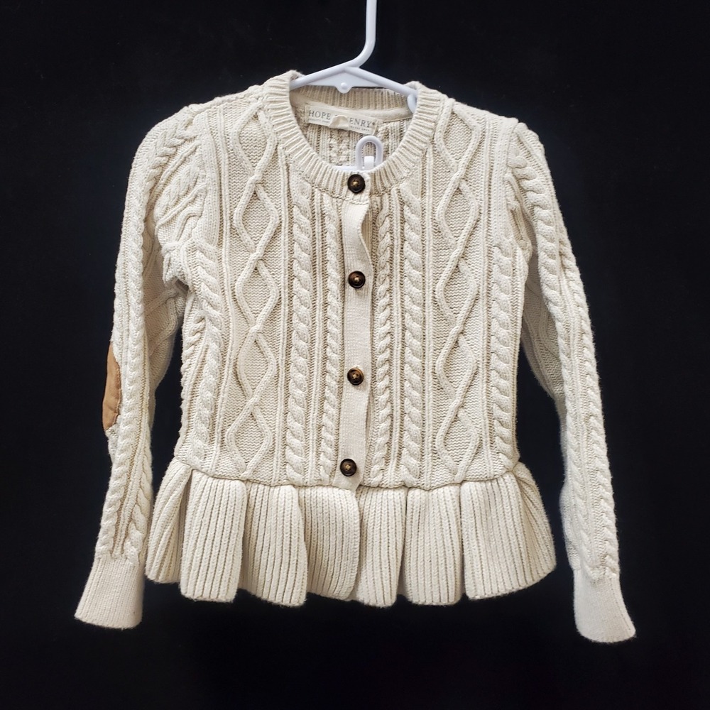 Hope & Henry Girls Organic Cotton Cable‎ Knit Cardigan Size S Ivory Equestrian
